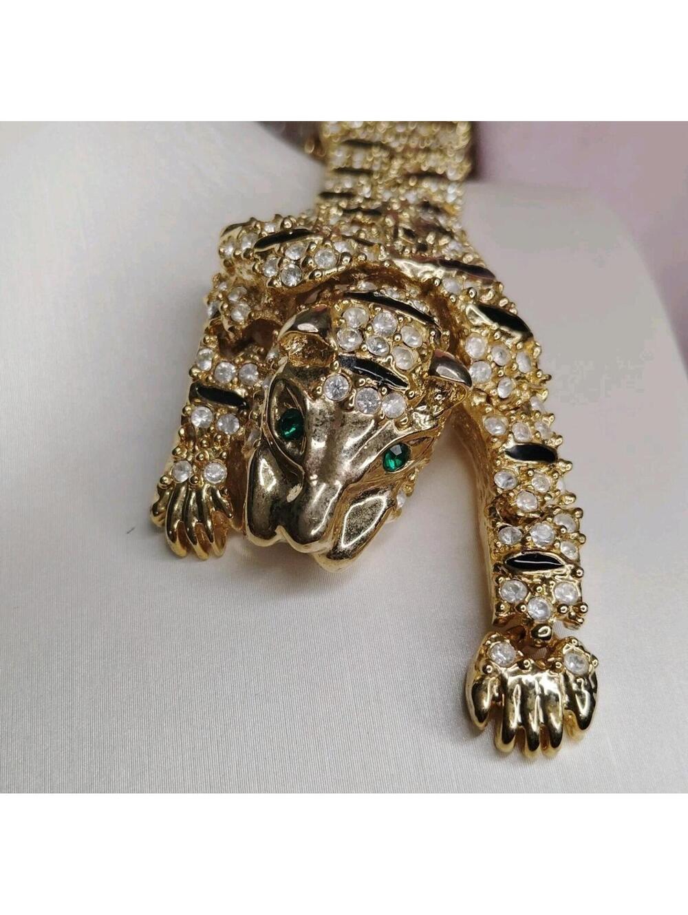 1980s Vintage Articulated Rhinestone Couture Tiger Shoulder Brooch 7.5"